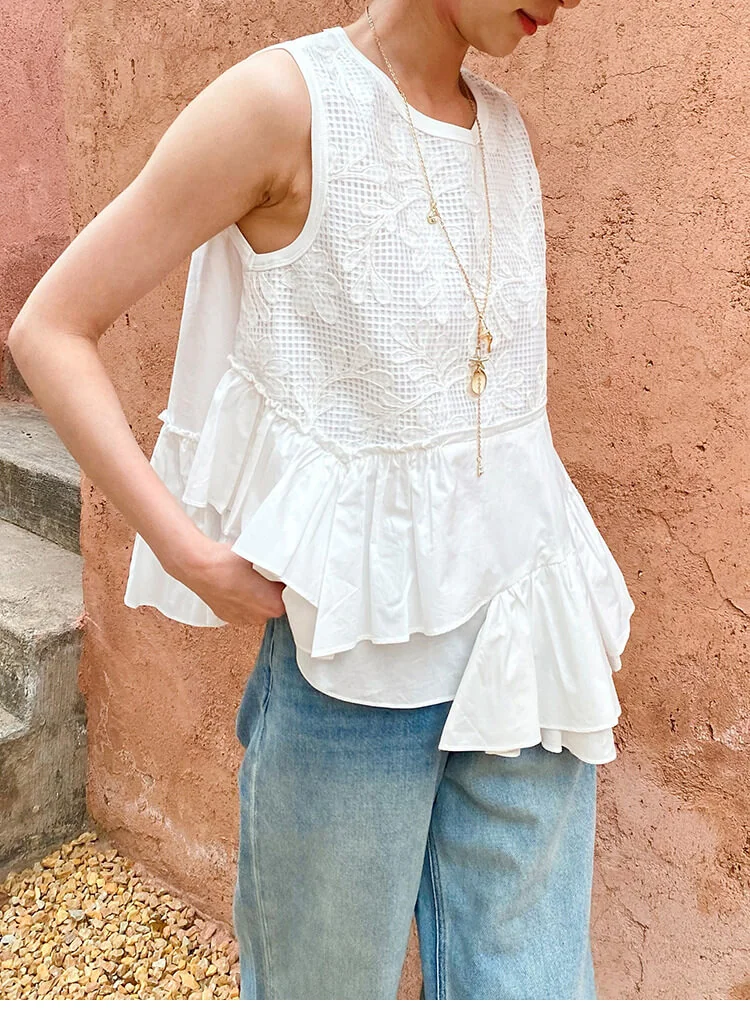French Riviera Broderie Anglaise Womens Asymmetric Ruffled Blouse