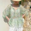 French Riviera Scalloped Lace Crinkled Linen Mix Womens Floral Blouse