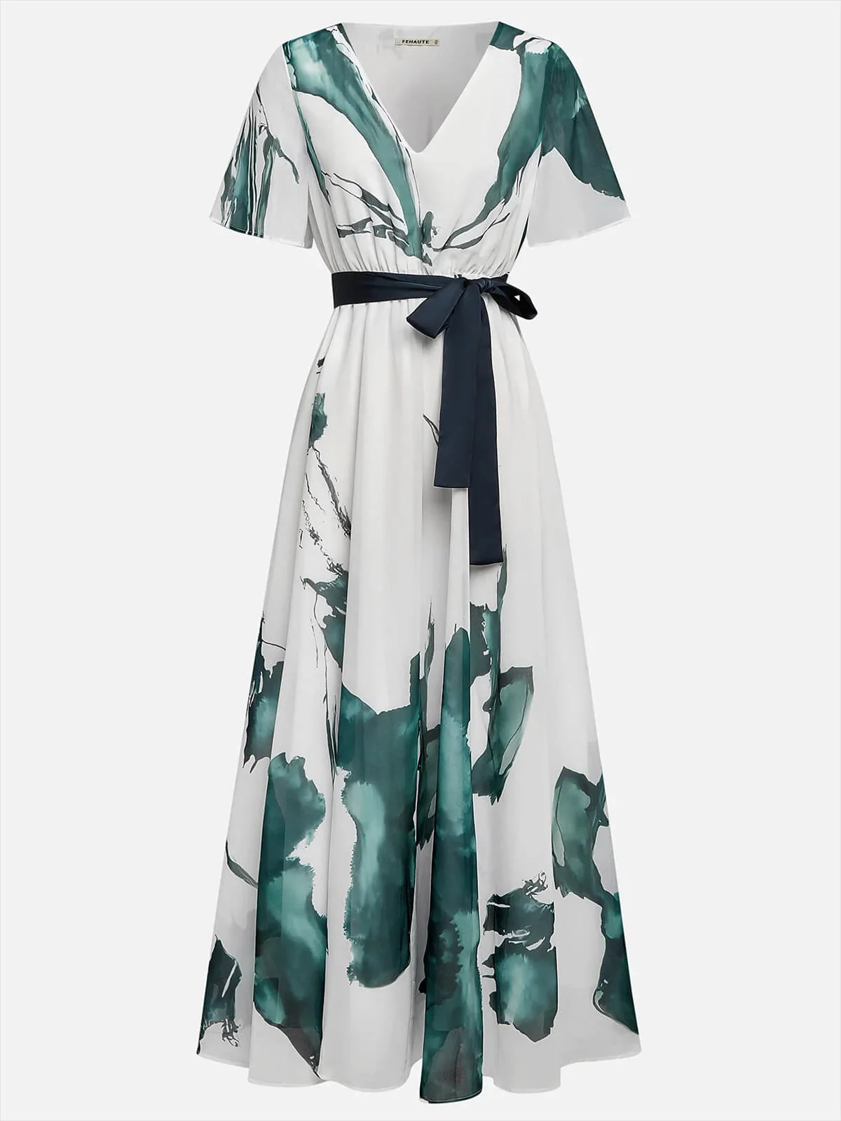 French Riviera Crinkled Abstract Print Womens V Neck Maxi Dress