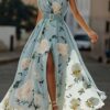 French Riviera Breathable Floral Belted Womens One Shoulder Maxi Dress