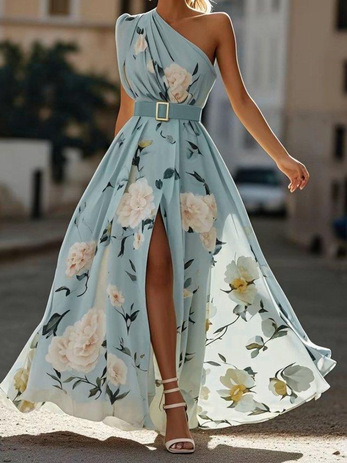 French Riviera Breathable Floral Belted Womens One Shoulder Maxi Dress
