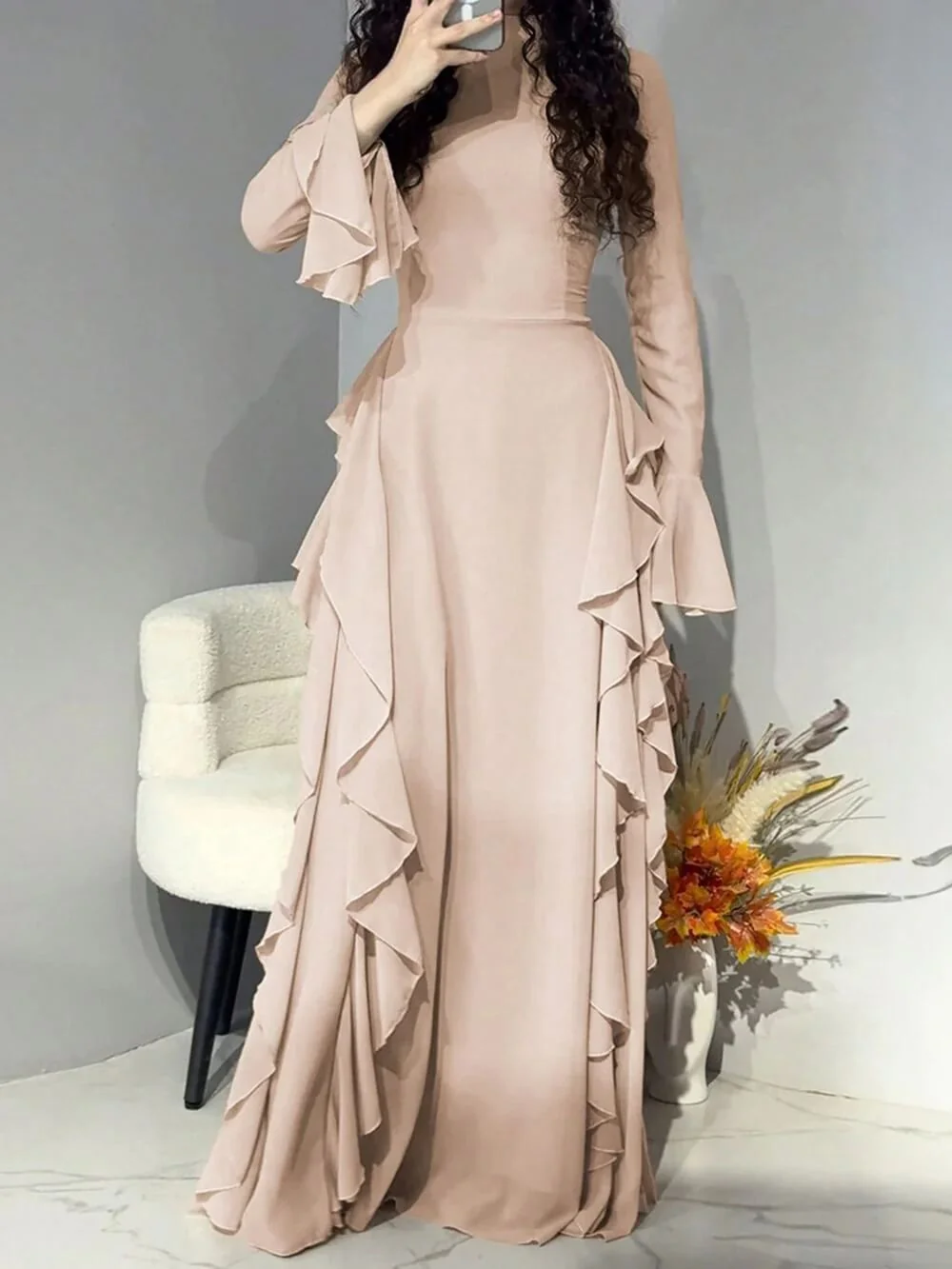 Timeless Classic Ruffled Flare Sleeve Stretchy Polyester Womens Maxi Dress