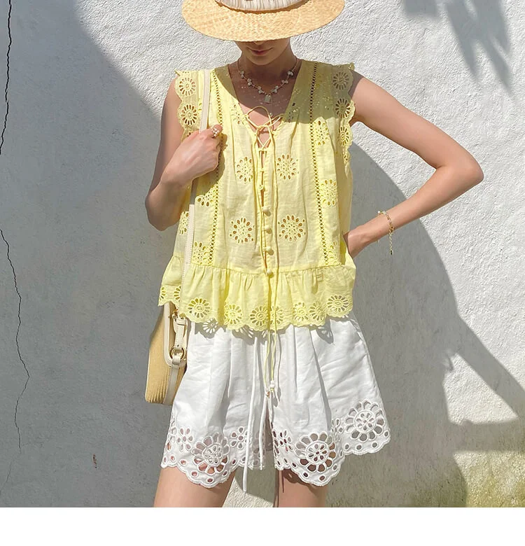 French Riviera Scalloped Broderie Anglaise Cotton Womens Blouse