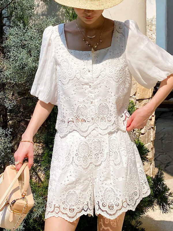 French Riviera Scalloped Broderie Anglaise Womens Shorts Set
