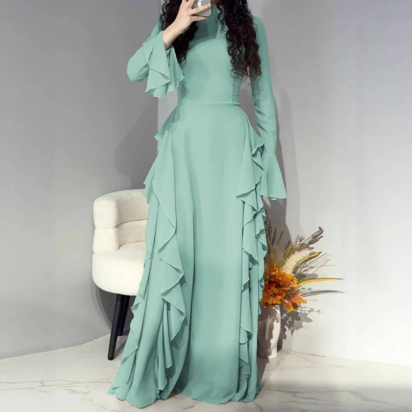 Timeless Classic Ruffled Flare Sleeve Stretchy Polyester Womens Maxi Dress