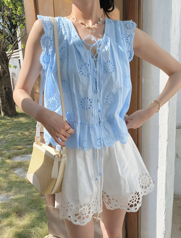 French Riviera Scalloped Broderie Anglaise Cotton Womens Blouse