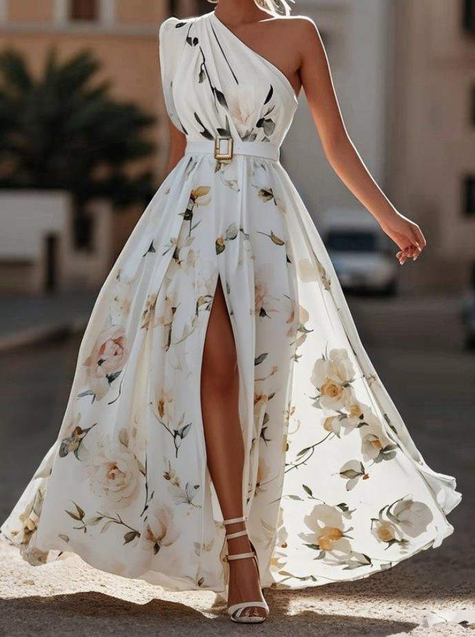 French Riviera Breathable Floral Belted Womens One Shoulder Maxi Dress