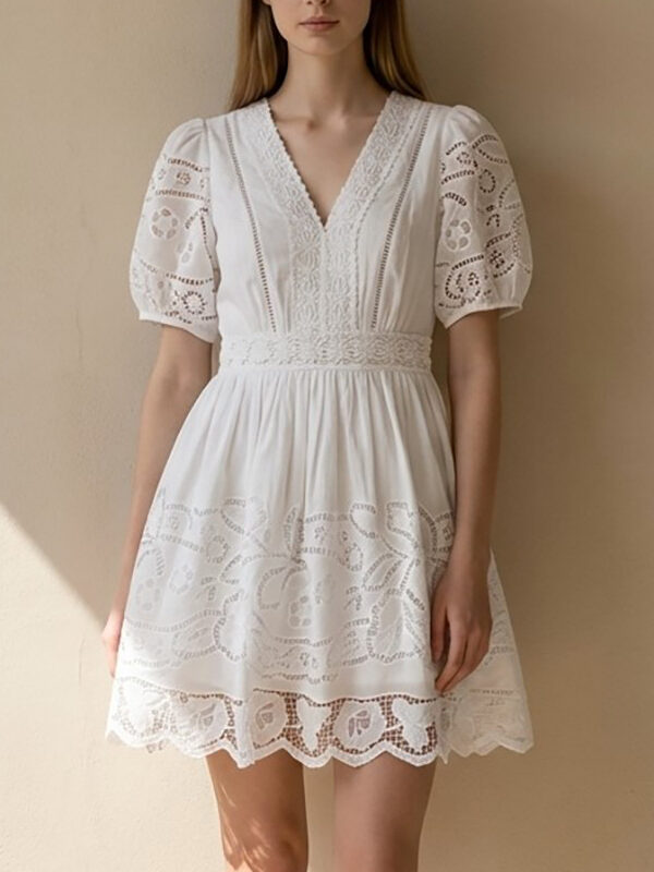 French Riviera Broderie Anglaise Scalloped Cotton Womens Mini Dress