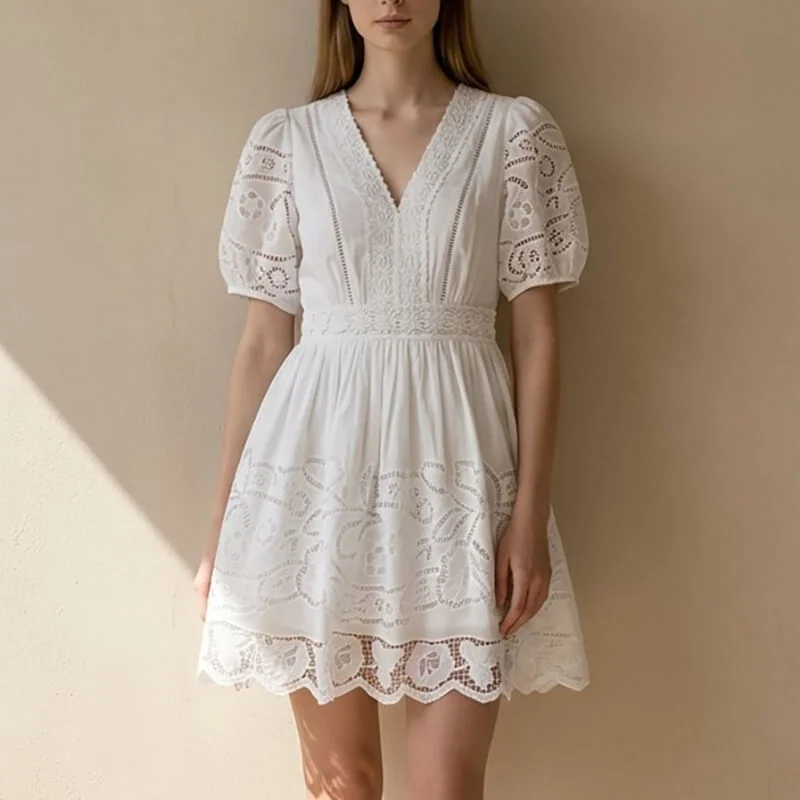 French Riviera Broderie Anglaise Scalloped Cotton Womens Mini Dress