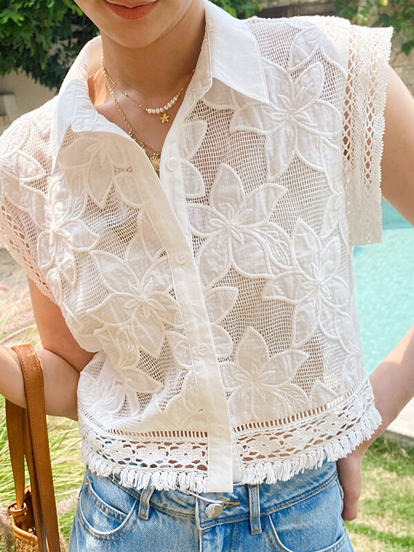 French Riviera Broderie Anglaise Cotton Womens Sleeveless Cropped Top