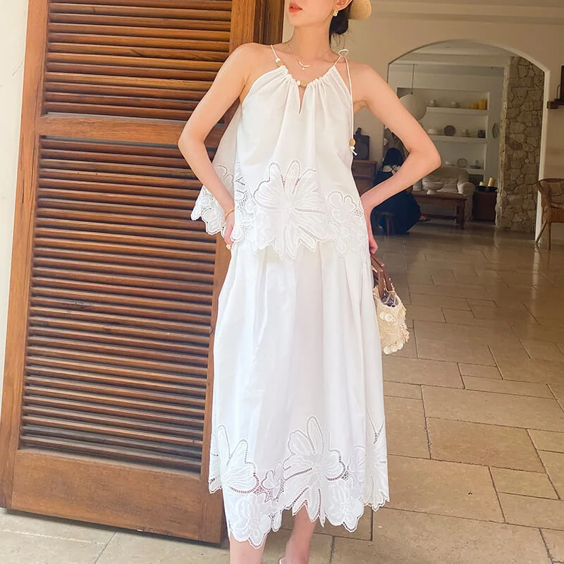 French Riviera Scalloped Broderie Anglaise Womens A Line Midi Skirt