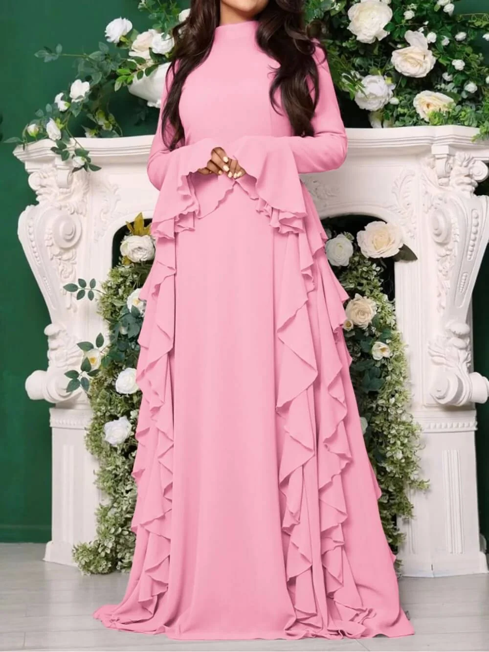 Timeless Classic Ruffled Flare Sleeve Stretchy Polyester Womens Maxi Dress
