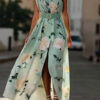 French Riviera Breathable Floral Belted Womens One Shoulder Maxi Dress