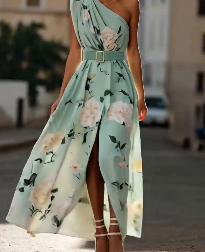 French Riviera Breathable Floral Belted Womens One Shoulder Maxi Dress