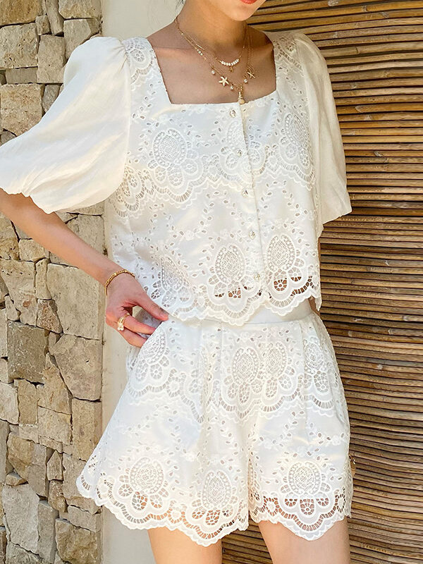 French Riviera Scalloped Broderie Anglaise Womens Shorts Set