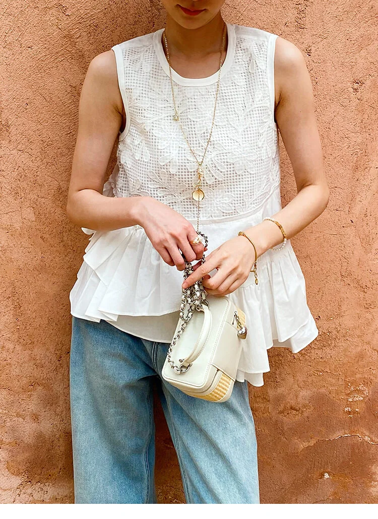 French Riviera Broderie Anglaise Womens Asymmetric Ruffled Blouse