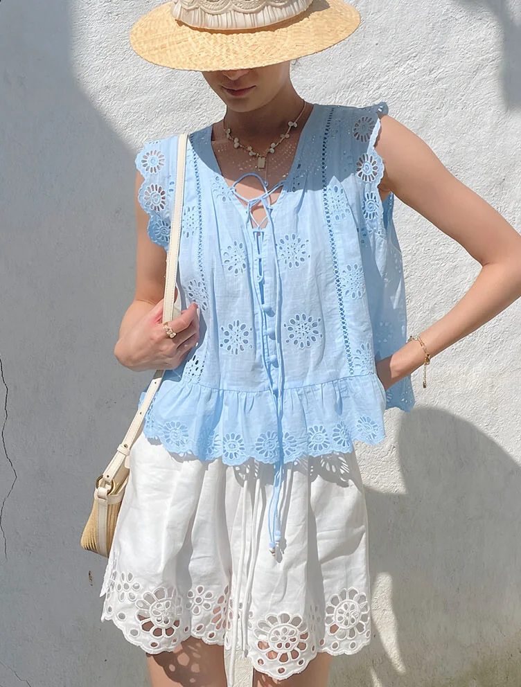 French Riviera Scalloped Broderie Anglaise Cotton Womens Blouse