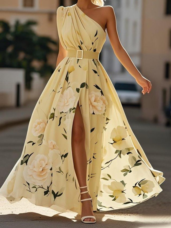 French Riviera Breathable Floral Belted Womens One Shoulder Maxi Dress