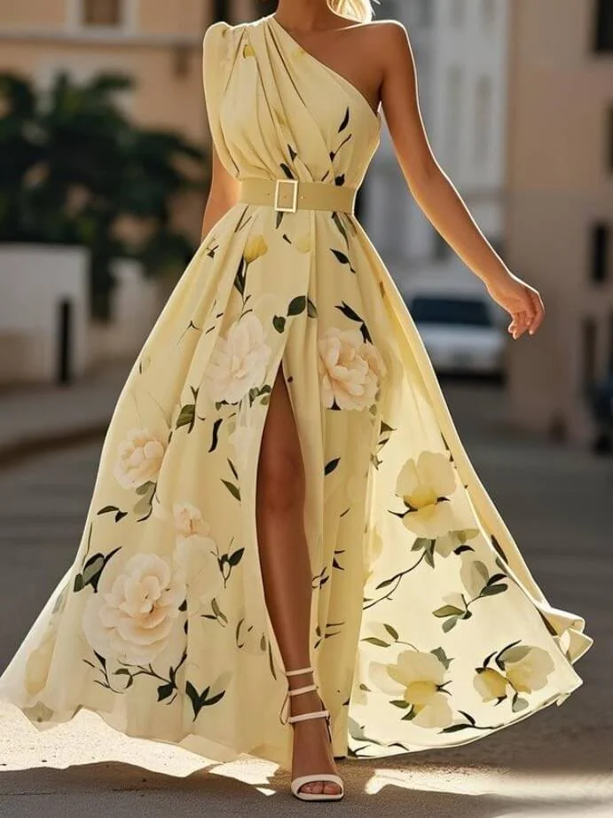 French Riviera Breathable Floral Belted Womens One Shoulder Maxi Dress