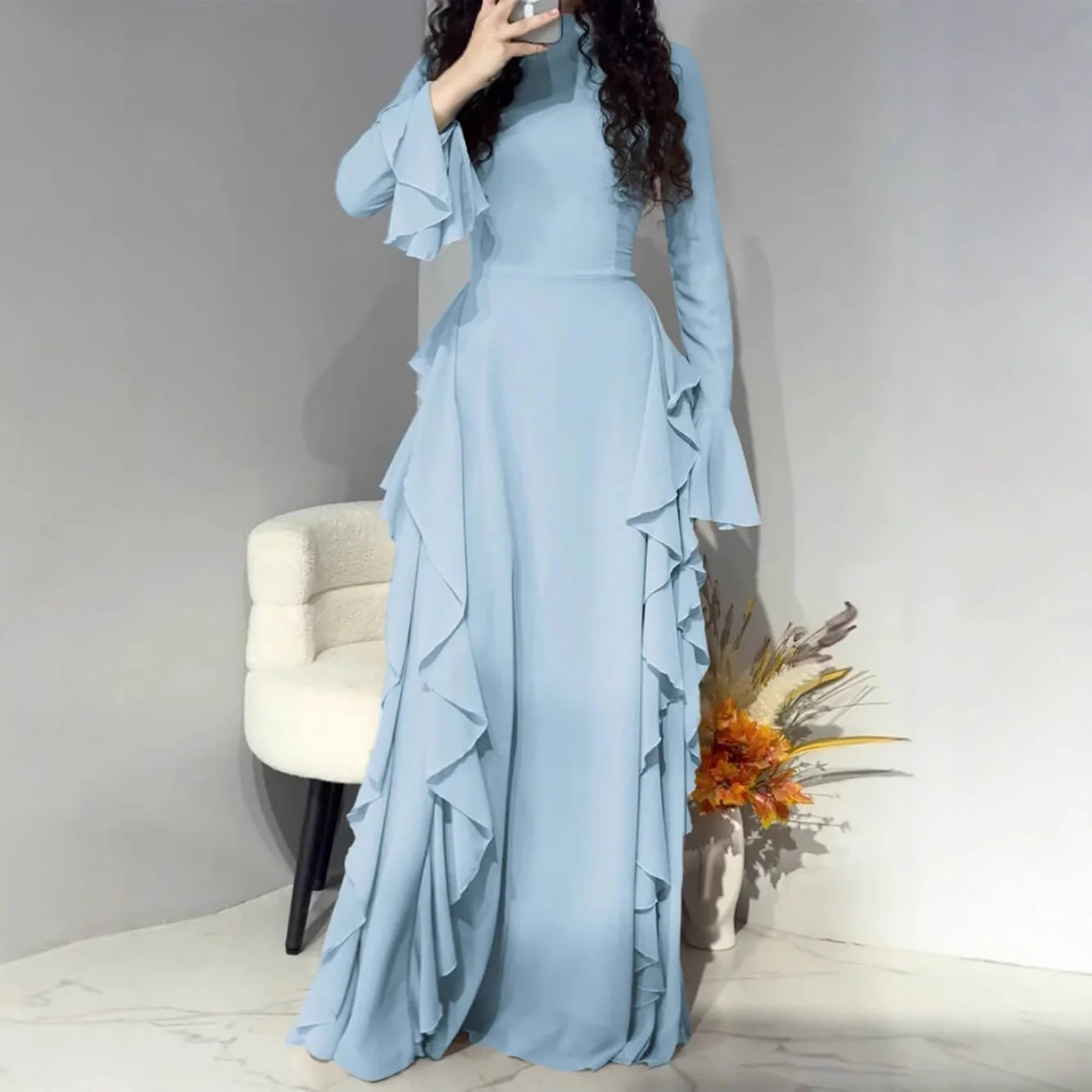 Timeless Classic Ruffled Flare Sleeve Stretchy Polyester Womens Maxi Dress