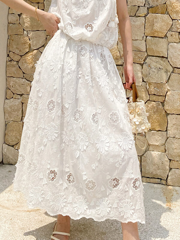 French Riviera Broderie Anglaise Cotton Womens Midi Two Piece Set