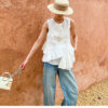 French Riviera Broderie Anglaise Womens Asymmetric Ruffled Blouse
