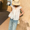 French Riviera Ramie Lace Trim Ruffled V Neck Womens Sleeveless Blouse