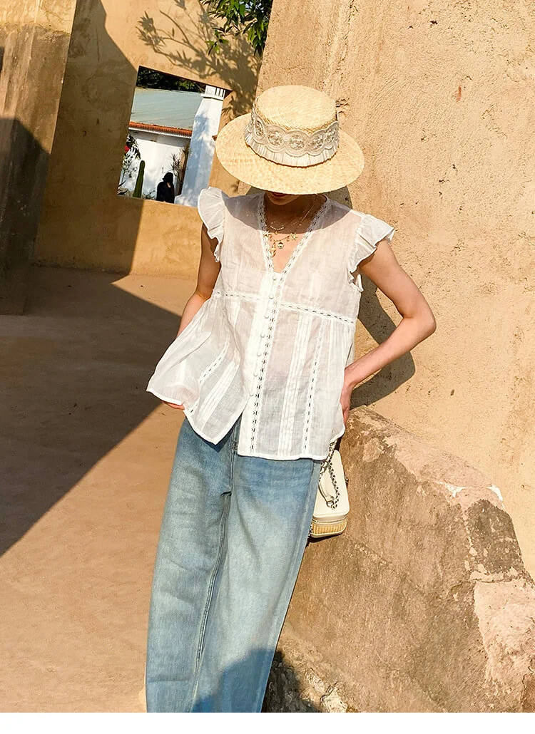 French Riviera Ramie Lace Trim Ruffled V Neck Womens Sleeveless Blouse
