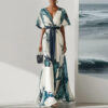 French Riviera Crinkled Abstract Print Womens V Neck Maxi Dress