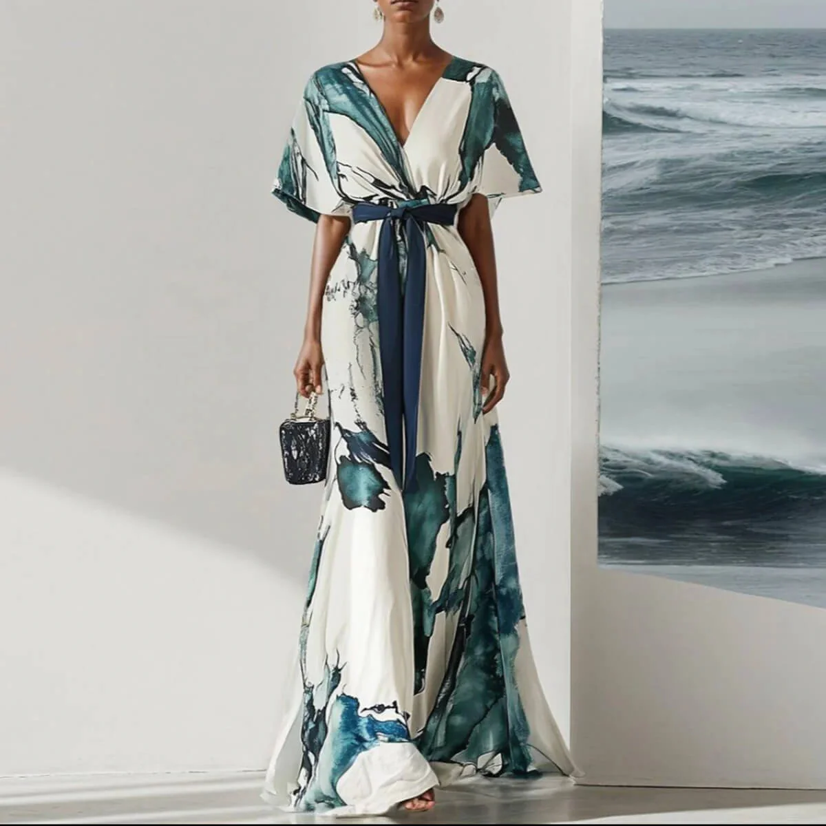 French Riviera Crinkled Abstract Print Womens V Neck Maxi Dress