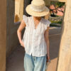 French Riviera Ramie Lace Trim Ruffled V Neck Womens Sleeveless Blouse