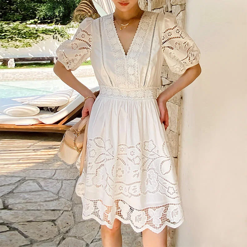 French Riviera Broderie Anglaise Scalloped Cotton Womens Mini Dress