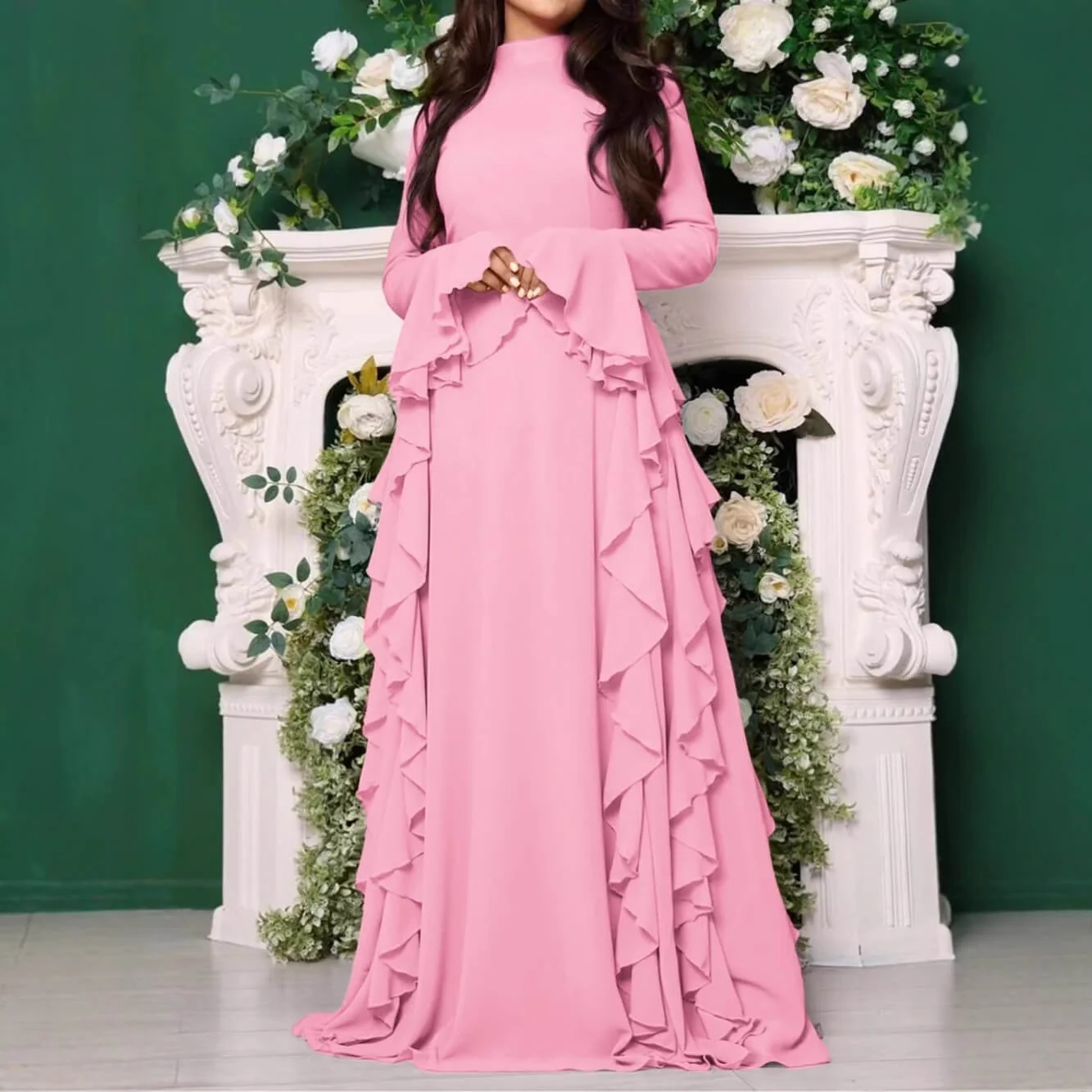 Timeless Classic Ruffled Flare Sleeve Stretchy Polyester Womens Maxi Dress