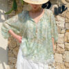 French Riviera Scalloped Lace Crinkled Linen Mix Womens Floral Blouse