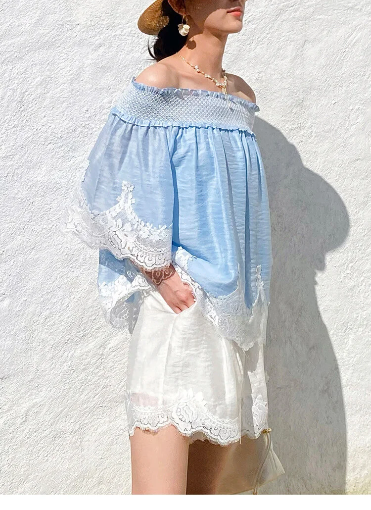 French Riviera Smocked Scalloped Lace Lyocell Womens Bardot Blouse
