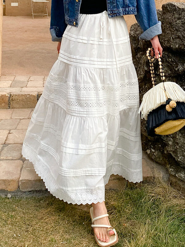 French Riviera Broderie Anglaise Cotton Womens Tiered Midi Skirt