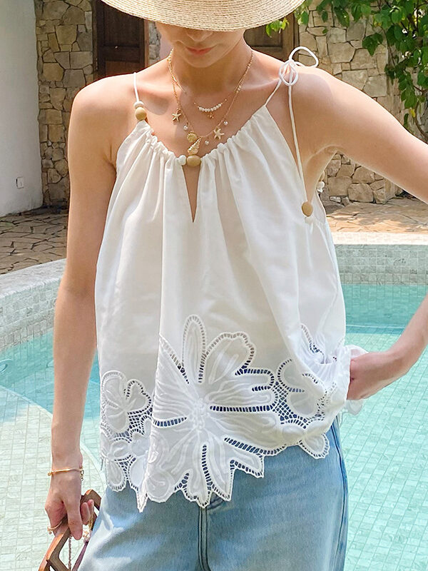 French Riviera Scalloped Broderie Anglaise Cotton Womens Cami Top
