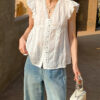 French Riviera Ramie Lace Trim Ruffled V Neck Womens Sleeveless Blouse