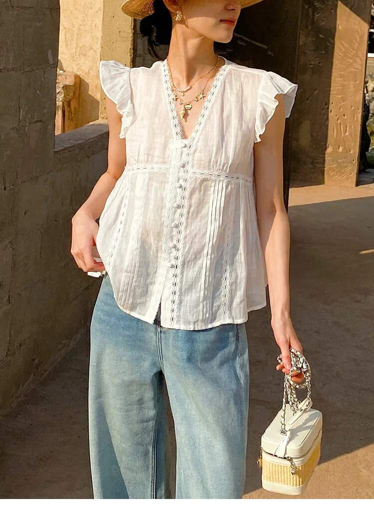 French Riviera Ramie Lace Trim Ruffled V Neck Womens Sleeveless Blouse
