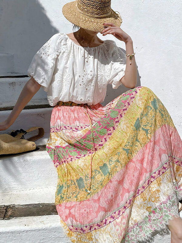 French Riviera Crinkled Floral Scalloped Lace Womens Cotton Maxi Skirt