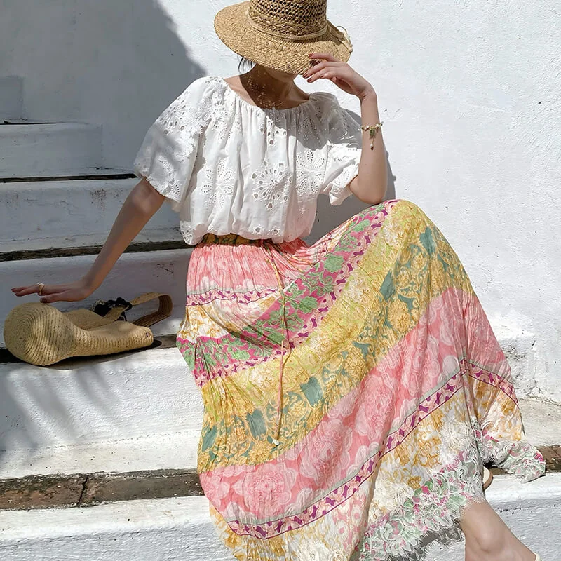 French Riviera Crinkled Floral Scalloped Lace Womens Cotton Maxi Skirt