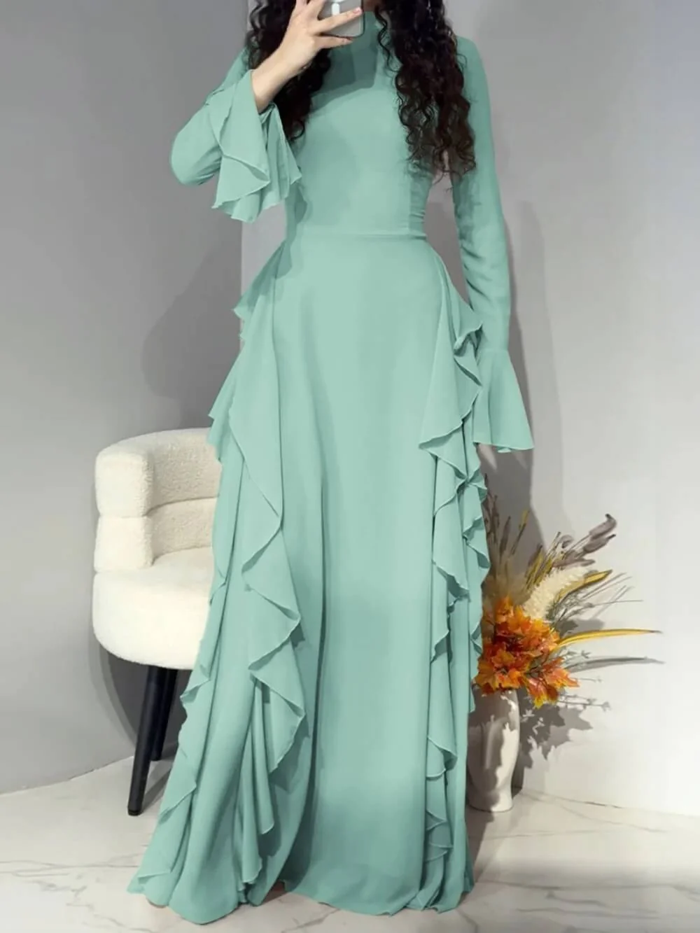 Timeless Classic Ruffled Flare Sleeve Stretchy Polyester Womens Maxi Dress