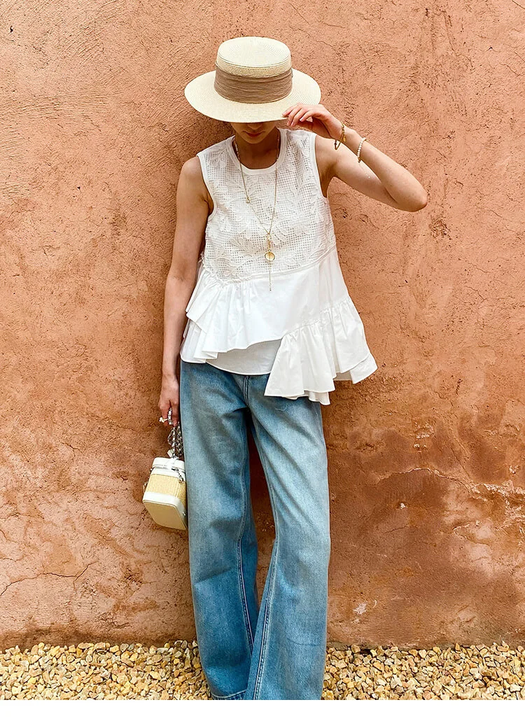 French Riviera Broderie Anglaise Womens Asymmetric Ruffled Blouse