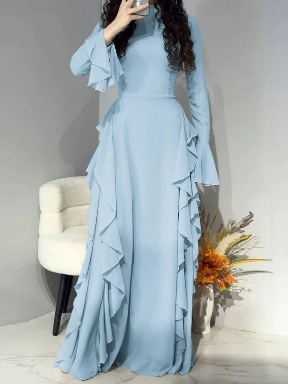 Timeless Classic Ruffled Flare Sleeve Stretchy Polyester Womens Maxi Dress