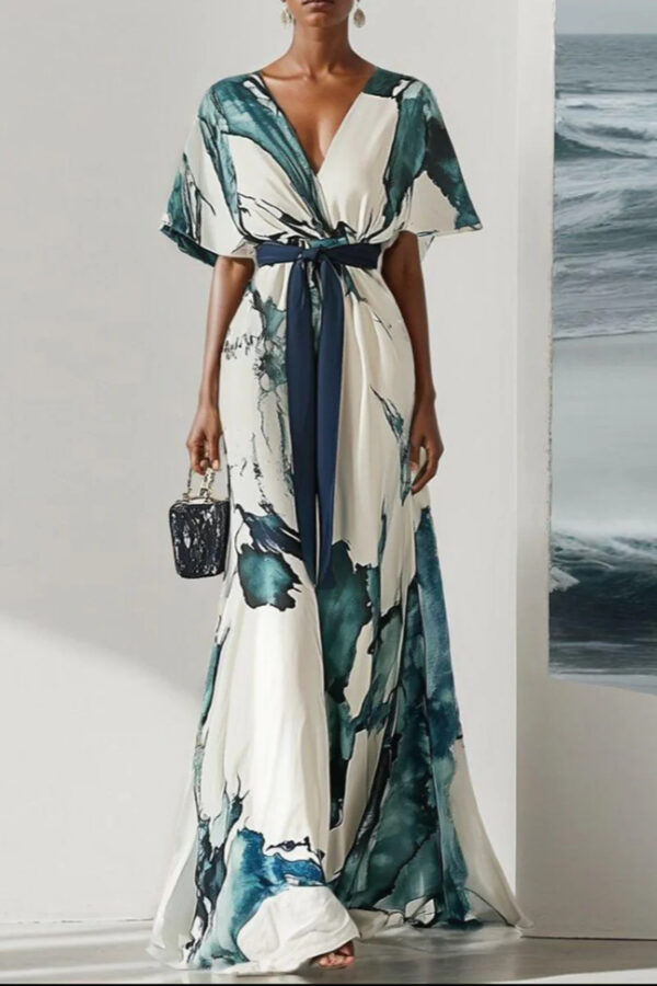 French Riviera Crinkled Abstract Print Womens V Neck Maxi Dress