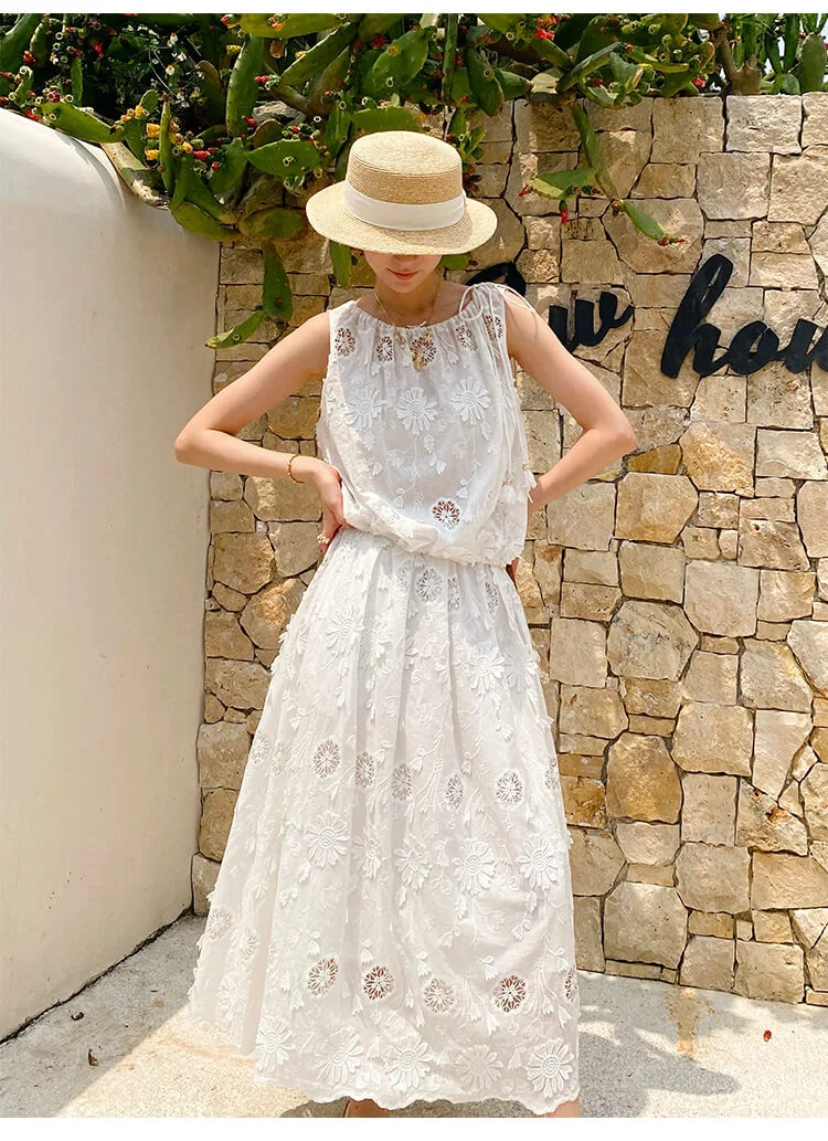 French Riviera Broderie Anglaise Cotton Womens Midi Two Piece Set