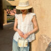 French Riviera Ramie Lace Trim Ruffled V Neck Womens Sleeveless Blouse