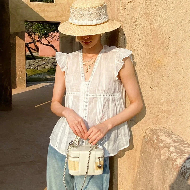 French Riviera Ramie Lace Trim Ruffled V Neck Womens Sleeveless Blouse