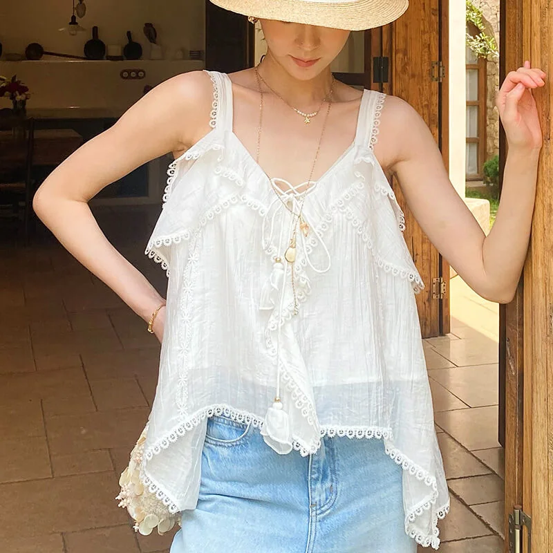 French Riviera Breathable Lyocell Scalloped Lace Trim Womens Cami Top