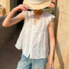 French Riviera Ramie Lace Trim Ruffled V Neck Womens Sleeveless Blouse